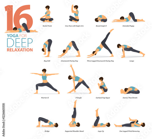 16 Yoga poses or asana posture for workout in deep relaxation concept. Women exercising for body stretching. Fitness infographic. Flat cartoon vector.