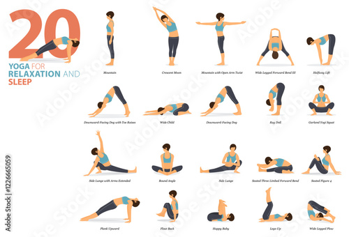 20 Yoga poses or asana posture for workout in relaxation and sleep concept. Women exercising for body stretching. Fitness infographic. Flat cartoon vector.