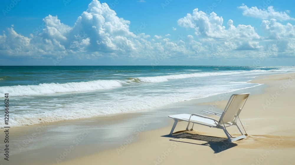 Relaxing Beach Scene with Lounge Chair on Sandy Shoreline Relaxing Beach Scene with Lounge Chair on Sandy Shoreline