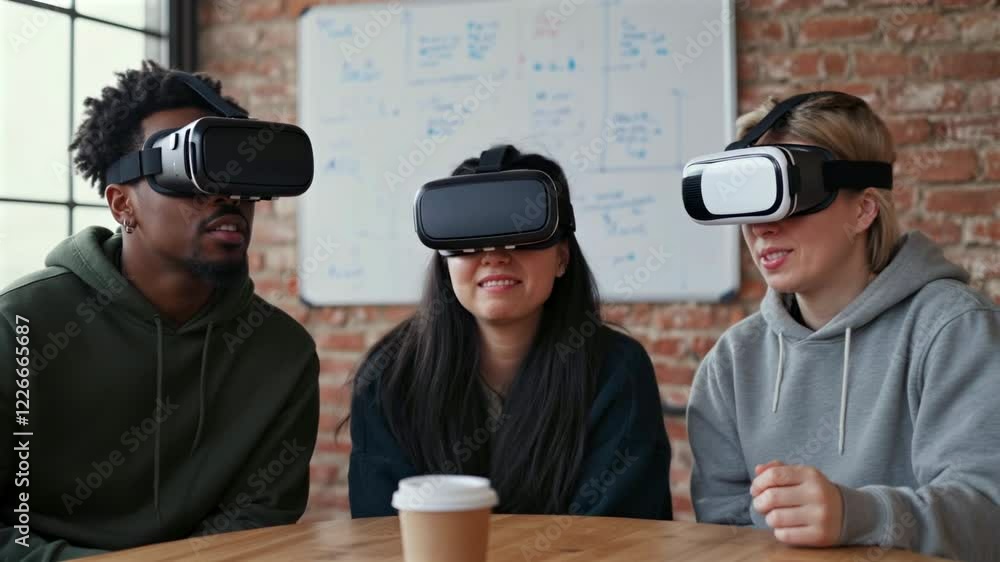 Multiracial trio wearing VR gear, laughing while interacting with invisible 3D models. remote work diversity team. Multiracial trio wearing VR gear, laughing while interacting with invisible 3D models. remote work diversity team.