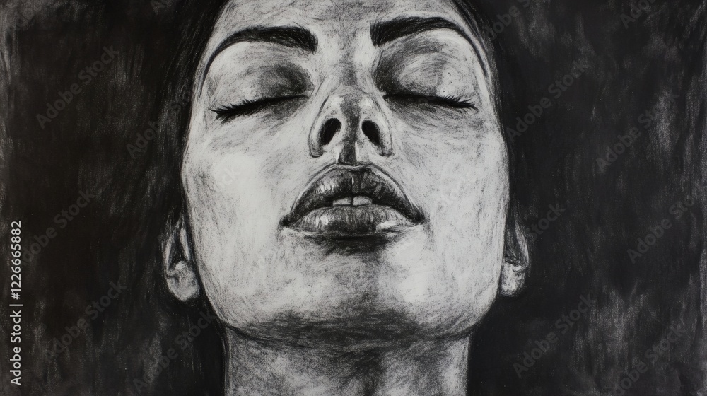Serene Woman Black and White Charcoal Portrait Serene Woman Black and White Charcoal Portrait