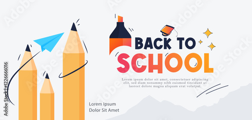Back to school themed design template with stationery ornaments and graduation hats. Time to go back to school. Studying in school. White background