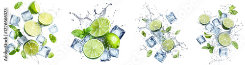 Fresh lime slices with mint leaves and ice cubes splashing in water on transparent background