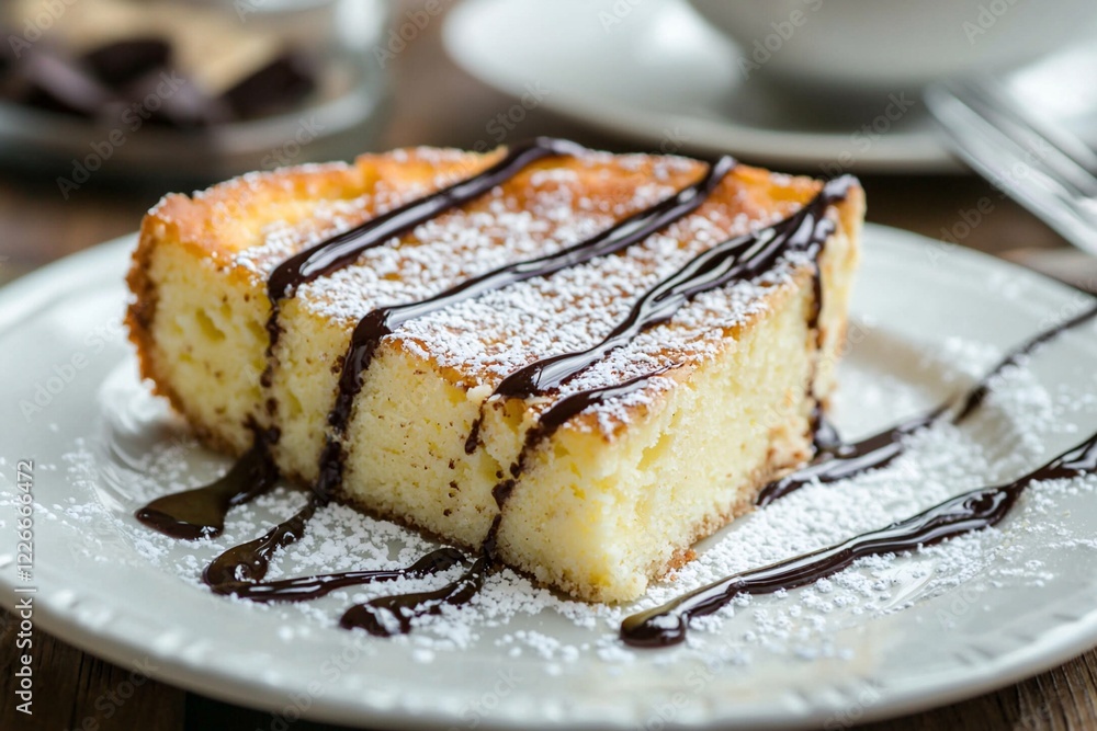 Delicious slice of dessert cake drizzled with chocolate sauce on a rustic wooden table Delicious slice of dessert cake drizzled with chocolate sauce on a rustic wooden table