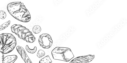 Assorted kind of bread black white vector frame. Loaf bread, challah, rustic rye round, ciabatta and buns outline drawing on board. Bakery goods on monochrome background for corner packaging, signage.