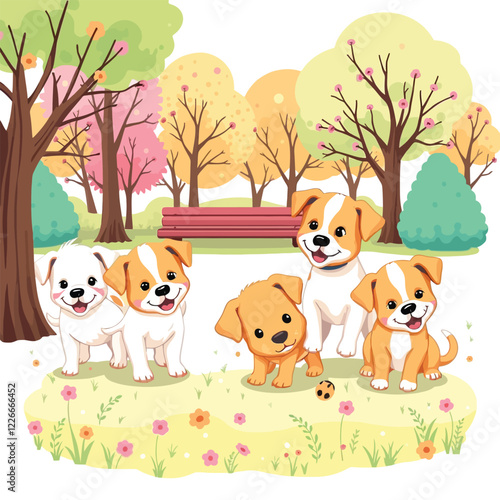 Four adorable cartoon puppies of various colors (white, tan/orange) frolic in a park with colorful autumn trees.