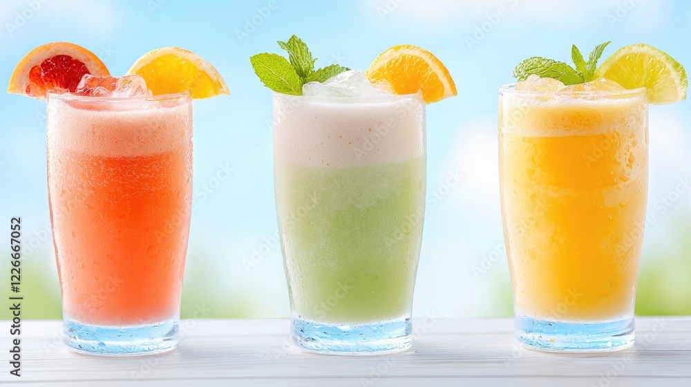 Three fruit smoothies on a table, outdoors. Refreshing summer drinks. Website/menu use Three fruit smoothies on a table, outdoors. Refreshing summer drinks. Website/menu use