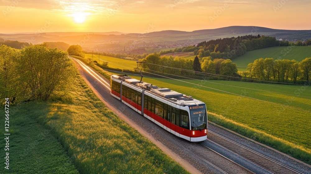 Fototapeta premium Scenic Tram Ride at Sunset: A Journey Through Rolling Hills