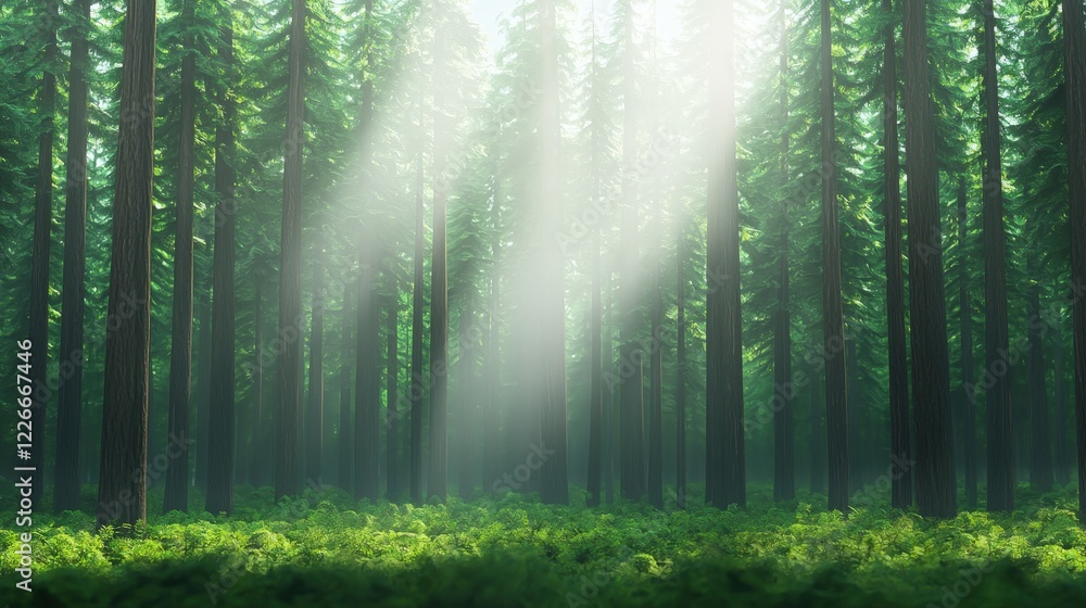 Obraz premium Misty landscape of a dense fir forest with sunlight filtering through the trees in a serene natural setting