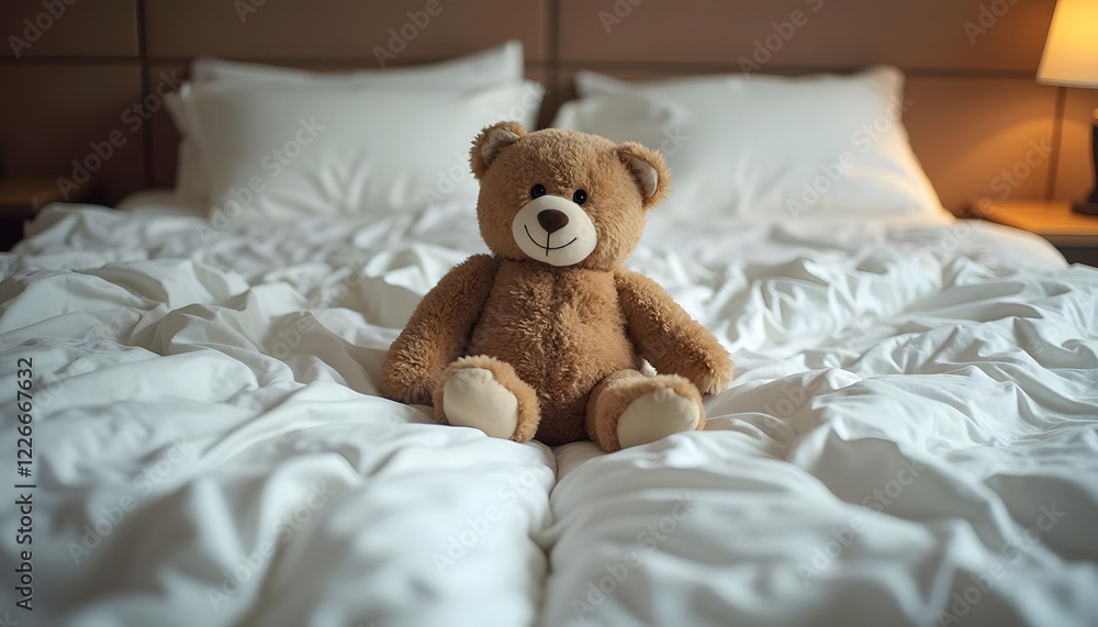 Teddy Bear on a Crisp White Bed Teddy Bear on a Crisp White Bed