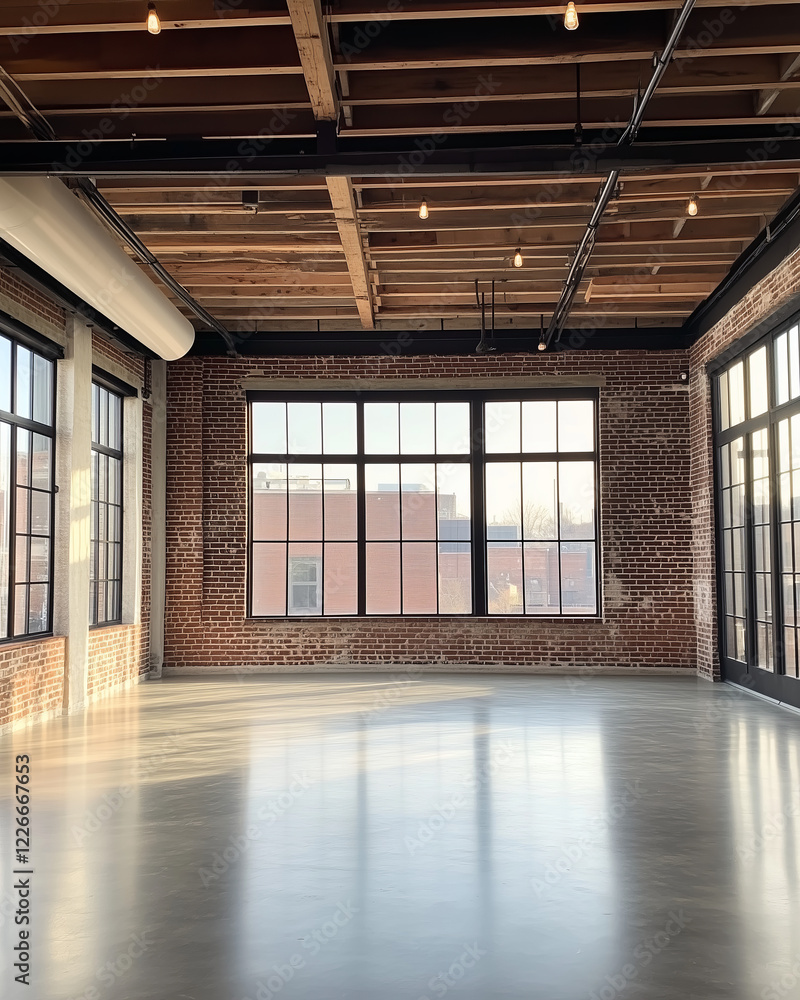 Spacious Industrial Loft with Exposed Brick Walls, Wooden Ceiling Beams, and Large Windows Spacious Industrial Loft with Exposed Brick Walls, Wooden Ceiling Beams, and Large Windows