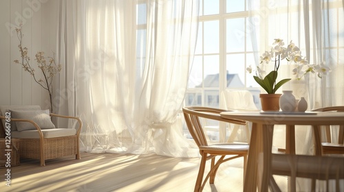 Wallpaper Mural A bright and airy indoor space with sheer curtains, natural wooden furniture, and potted orchids Torontodigital.ca