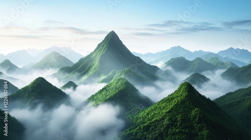 Misty mountain landscape at dawn with trees in the foreground and soft fog covering the peaks