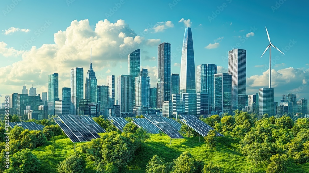 Fototapeta premium A conceptual image of a futuristic city skyline with advanced buildings, green spaces, and renewable energy sources integrated into design 