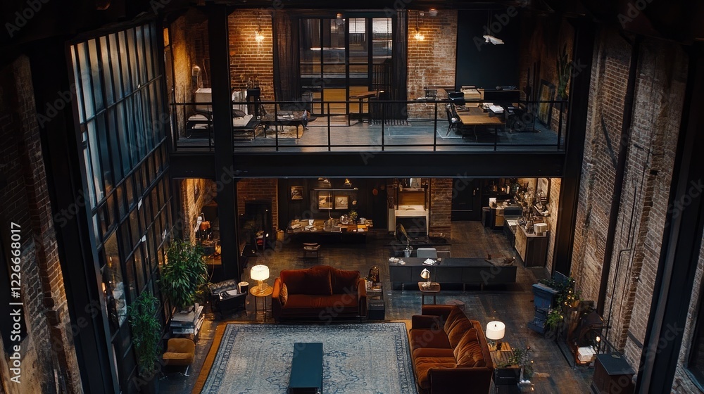 A chic urban loft with metal-framed windows, velvet furniture, and carefully placed potted greenery A chic urban loft with metal-framed windows, velvet furniture, and carefully placed potted greenery