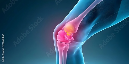 A 3D illustration of a human knee joint, highlighting its anatomy with vibrant colors to emphasize the structures involved. Concept 3D Knee Joint Anatomy, Vibrant Color Highlights, Joint Structures