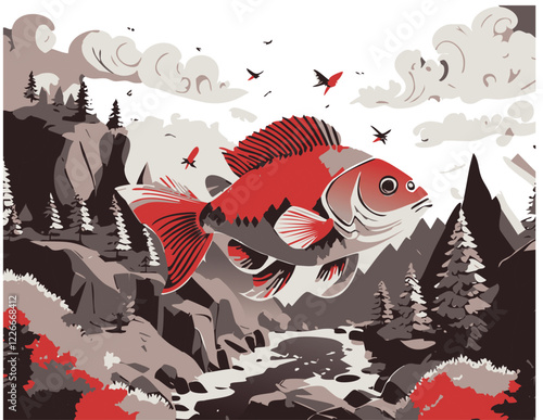 Surreal Red Fish Floating Over a Mountain Landscape