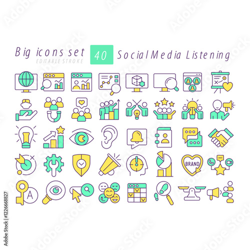 Social media listening RGB color icons set. Customer satisfaction, rating. Marketing research. Brand reputation. Isolated vector illustrations. Simple filled line drawings collection. Editable stroke