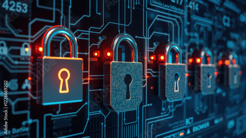 Wallpaper Mural row of digital padlocks glowing on circuit board represents cybersecurity and data protection. image highlights importance of secure systems in digital age Torontodigital.ca