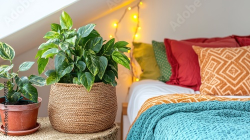 A dreamy attic bedroom with slanted ceilings, fairy lights, and lush potted plants in woven baskets