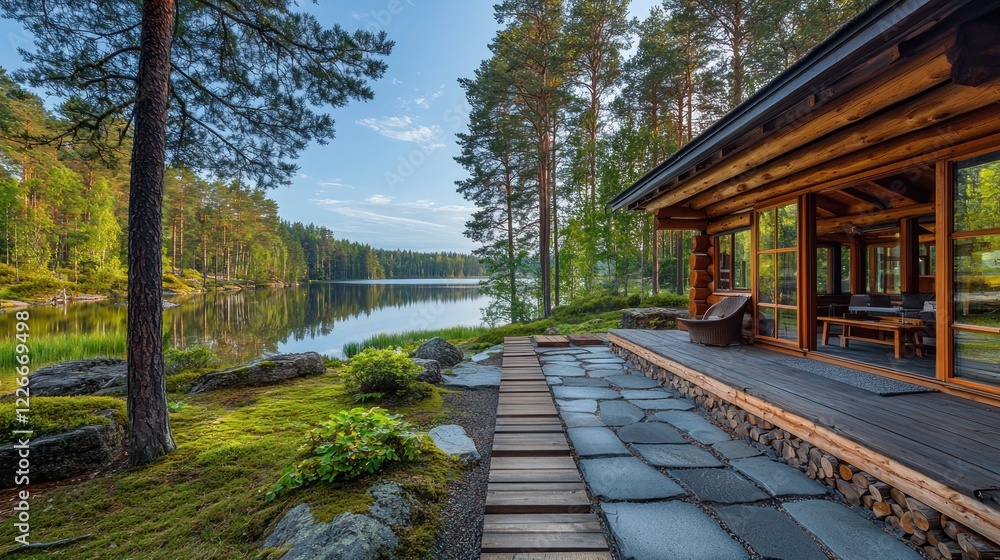 Wood cabin sits by lake, forest beyond, for vacation rental, nature retreat Wood cabin sits by lake, forest beyond, for vacation rental, nature retreat