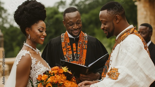 African American couple exchanging vows during an outdoor wedding ceremony.