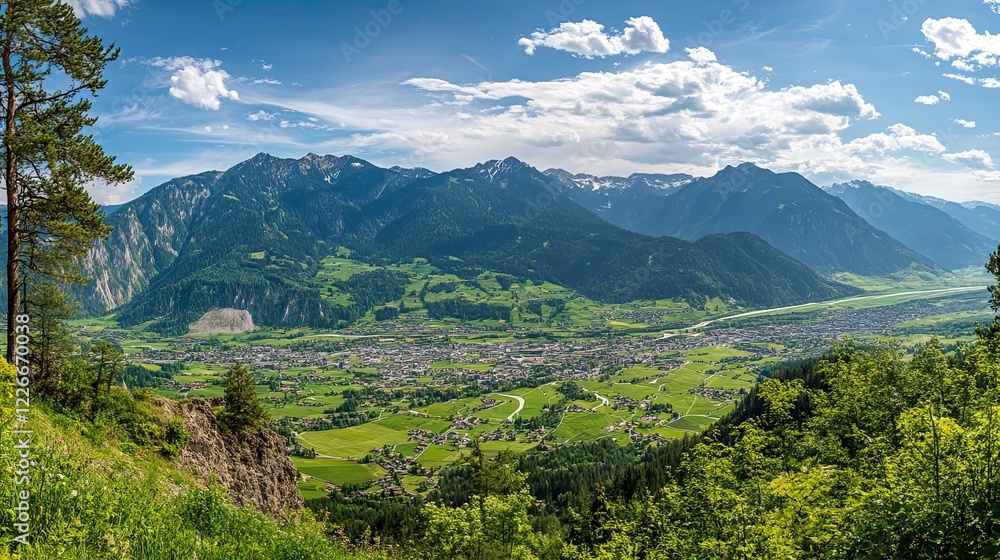 Naklejka premium Panoramic view of valley town nestled in alpine mountains on sunny day; ideal for travel brochures