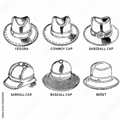 "Hand-Drawn Hat Collection: Various Styles"
