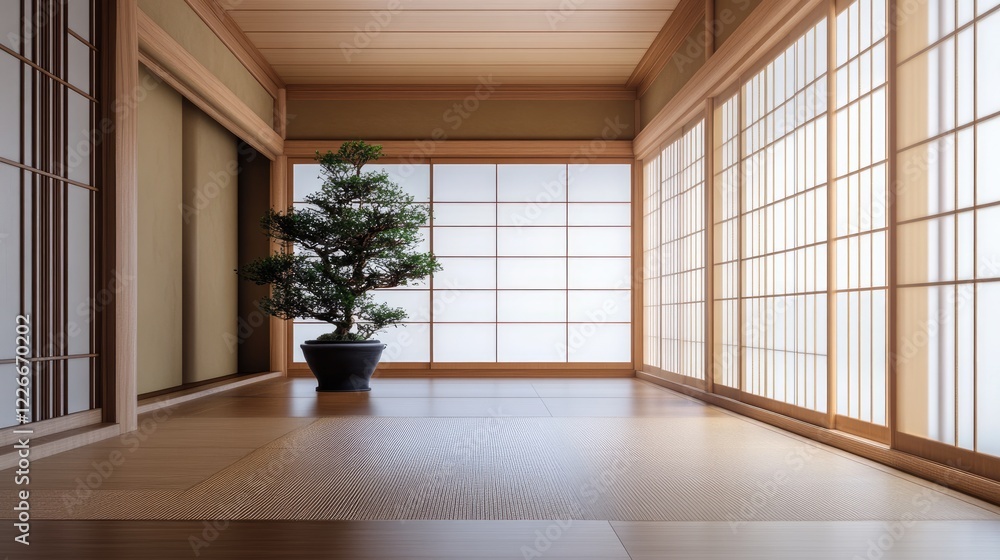 A Japandi-inspired interior with clean, calming aesthetics, wooden accents, and carefully placed potted plants A Japandi-inspired interior with clean, calming aesthetics, wooden accents, and carefully placed potted plants