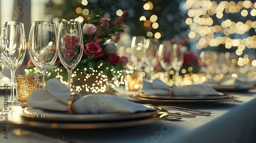 Table Set for Wedding or Another Catered Event with Decorations