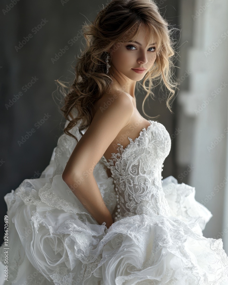 Elegant Bride in Stunning Lace Wedding Dress Posing Gracefully Elegant Bride in Stunning Lace Wedding Dress Posing Gracefully