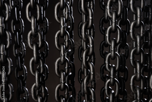 Heavy iron chain. background of iron chains hanging in even rows on a gray background.