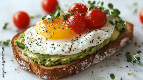 slice of toasted bread topped with mashed avocado a fried egg and cherry tomatoes Garnished with thyme A simple healthy and visually appealing breakfast or brunch option