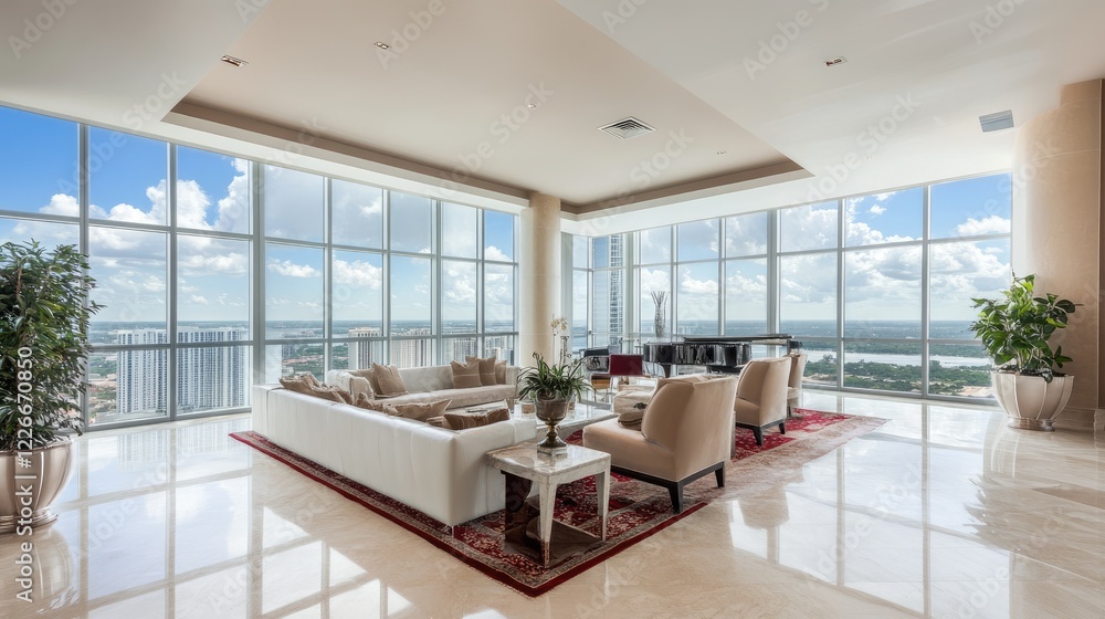 A luxurious penthouse living space with marble floors, plush seating, and elegant potted plants A luxurious penthouse living space with marble floors, plush seating, and elegant potted plants