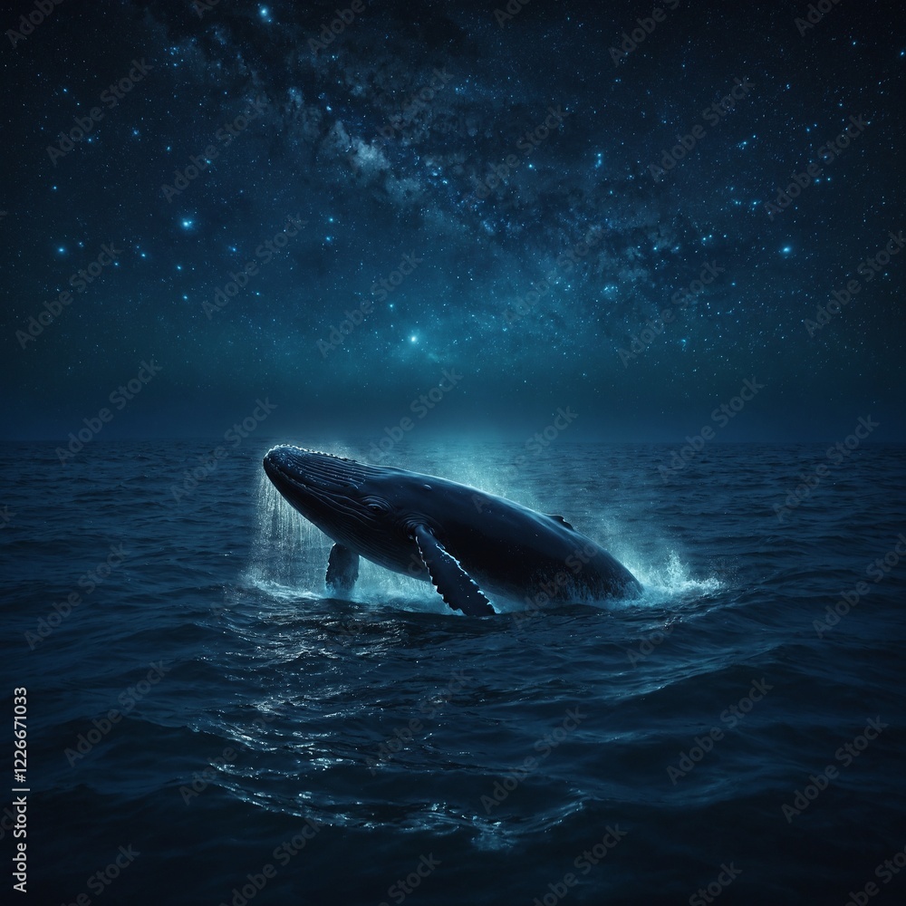 Fototapeta premium A whale surrounded by sparkling bubbles, its massive tail swaying gently.
