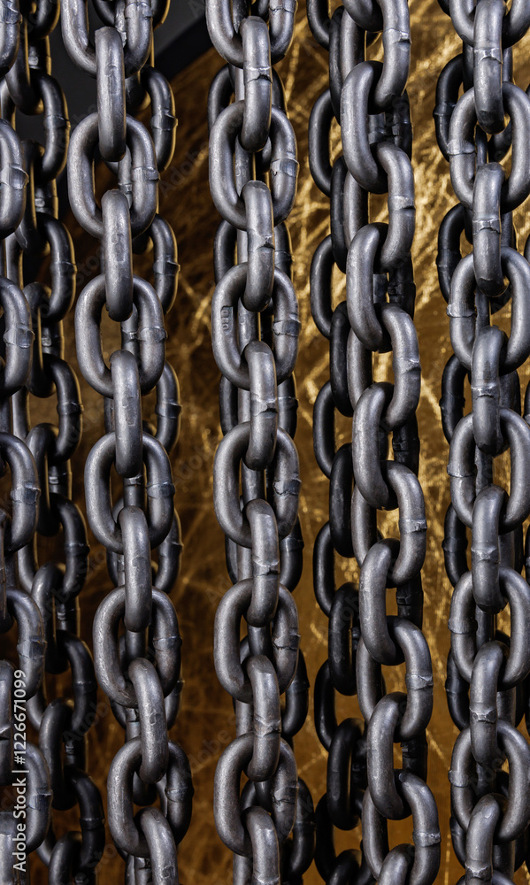Heavy iron chain. Background of iron chains hanging in even rows on a golden background. Side view. Heavy iron chain. Background of iron chains hanging in even rows on a golden background. Side view.
