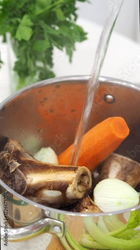 Bone broth. The cooking process and ingredients. Ingredients for making meat and bone broth. the concept of healthy eating. Pour boiling water and hot water into a saucepan with bones and vegetables