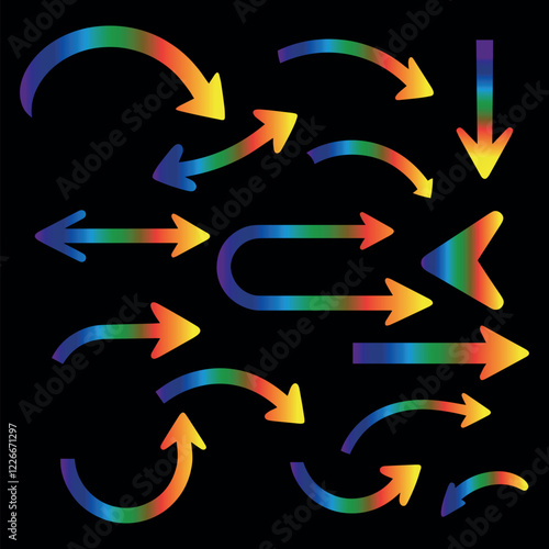 Set of colorful crooked direction arrow vector signs or icons.