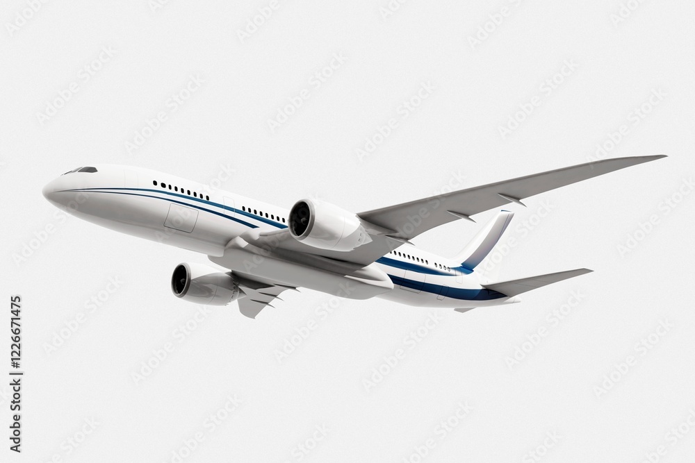 Flying aircraft, 3D vehicle illustration in white and blue Flying aircraft, 3D vehicle illustration in white and blue