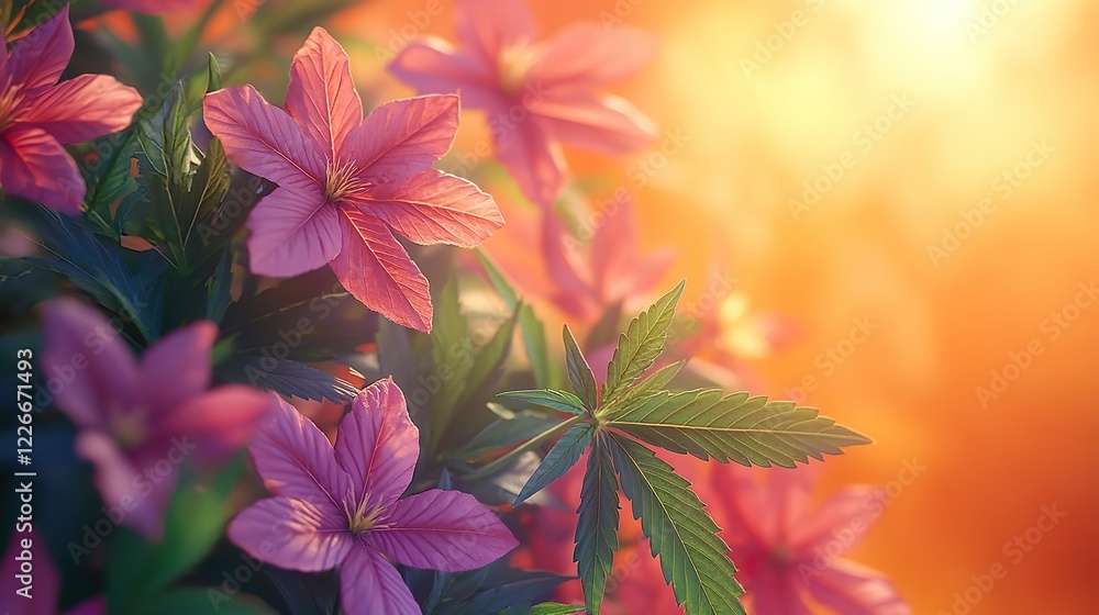 Fototapeta premium A CBD oil dropper bottle with fresh cannabis leaves on a vibrant orange and purple background in sunlight. Top view, flat lay with copy space.