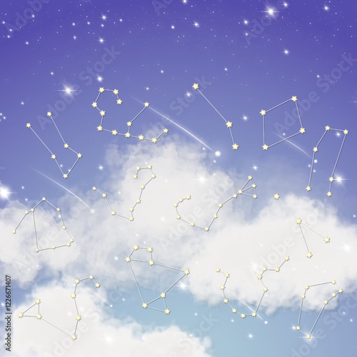 Magical night sky with glowing zodiac constellations among dreamy clouds, creating a celestial atmosphere perfect for astrology, cosmic art, and spiritual designs.