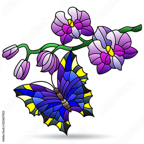 Illustration in the style of stained glass with butterfliy and orchid flowers, animal isolated on a white background