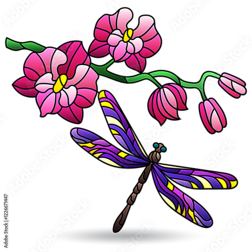 illustration in the style of stained glass with dragonflY and orchid flowers, animal isolated on a white background