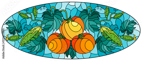 Illustration in stained glass style with vegetable composition, ripe tomatoes, cucumbers and leaves on a blue background, oval image