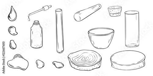 Set of glass flasks transparent, dropper bottle black white vector illustration on white. Stone mortar and pestle, wooden stand hand drawn linear sketch. Assorted drops and lab beakers for design.