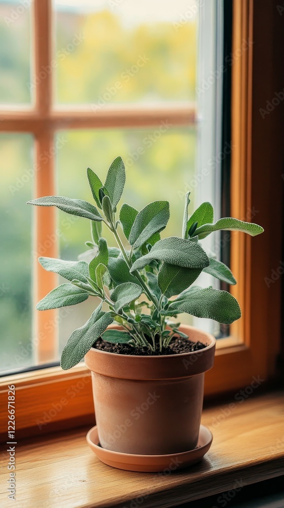 a potted sage plant by the window in minimalist style of indoor plants a potted sage plant by the window in minimalist style of indoor plants