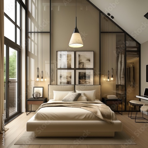 Scandinavian loft interior design of modern bedroom.