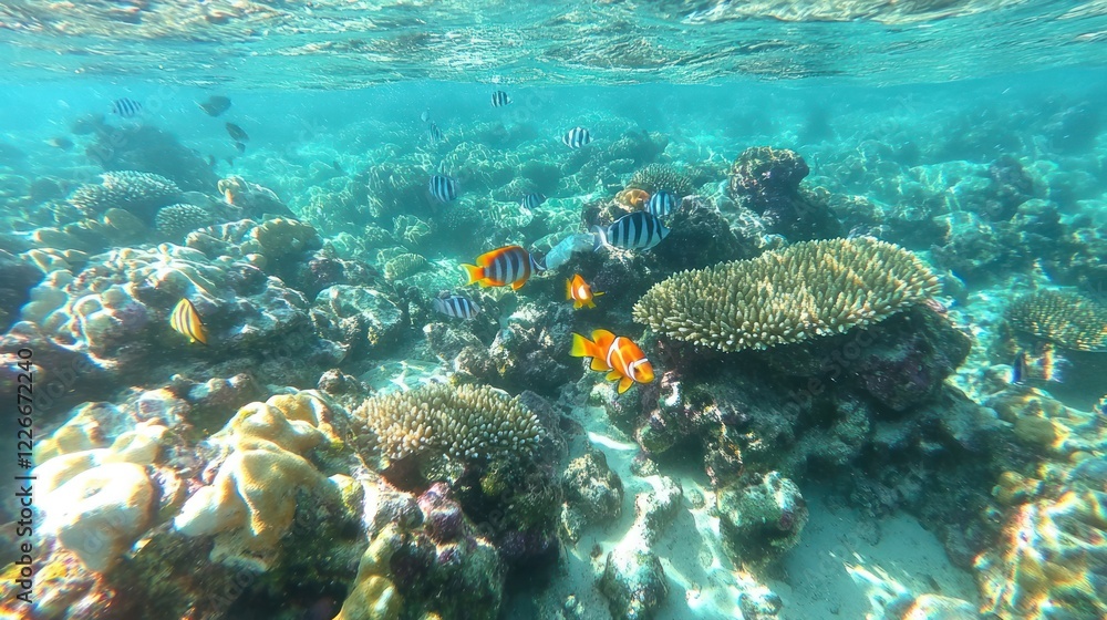 Fototapeta premium Underwater scene showcasing vibrant coral reefs and colorful fish in a tropical environment.