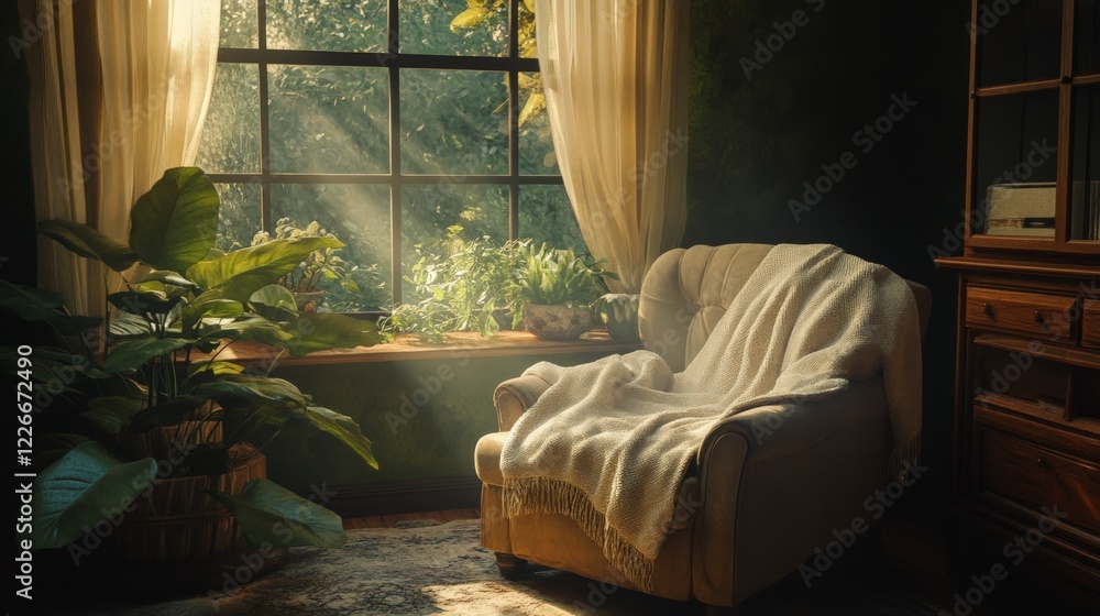 Fototapeta premium Cozy Corner with Soft Blanket and Sunlight Streaming Through Window