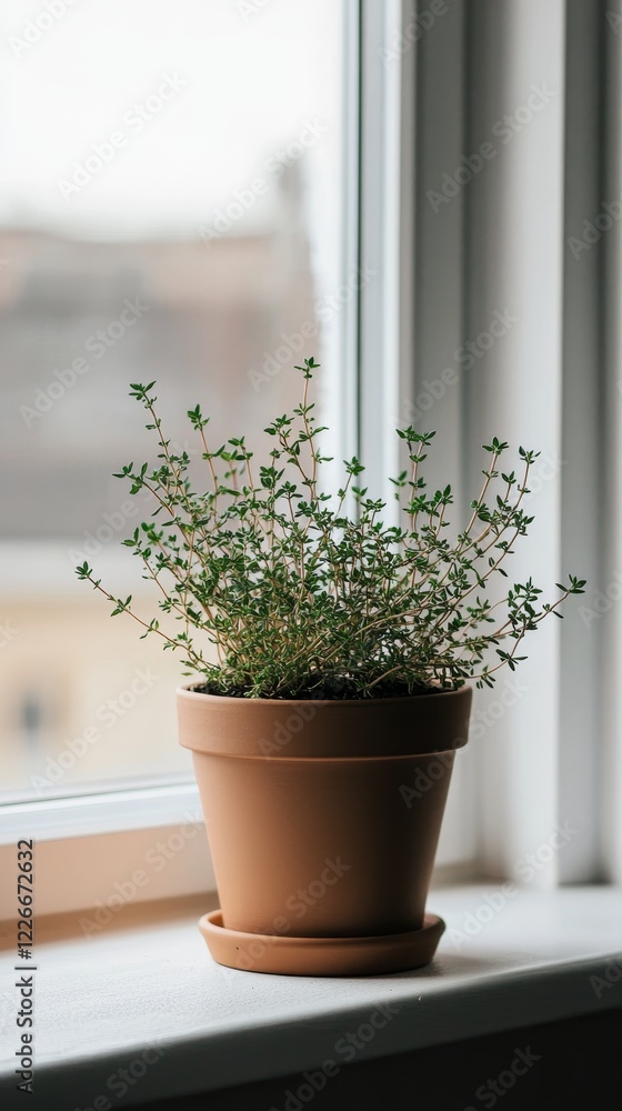 Fototapeta premium a potted thyme plant by the window in minimalist style of indoor plants
